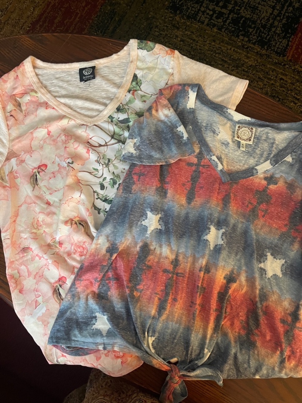 2 V neck tees, Tie-Dye Star V-Neck Tee with Knot -&  Light pink w floral design,
